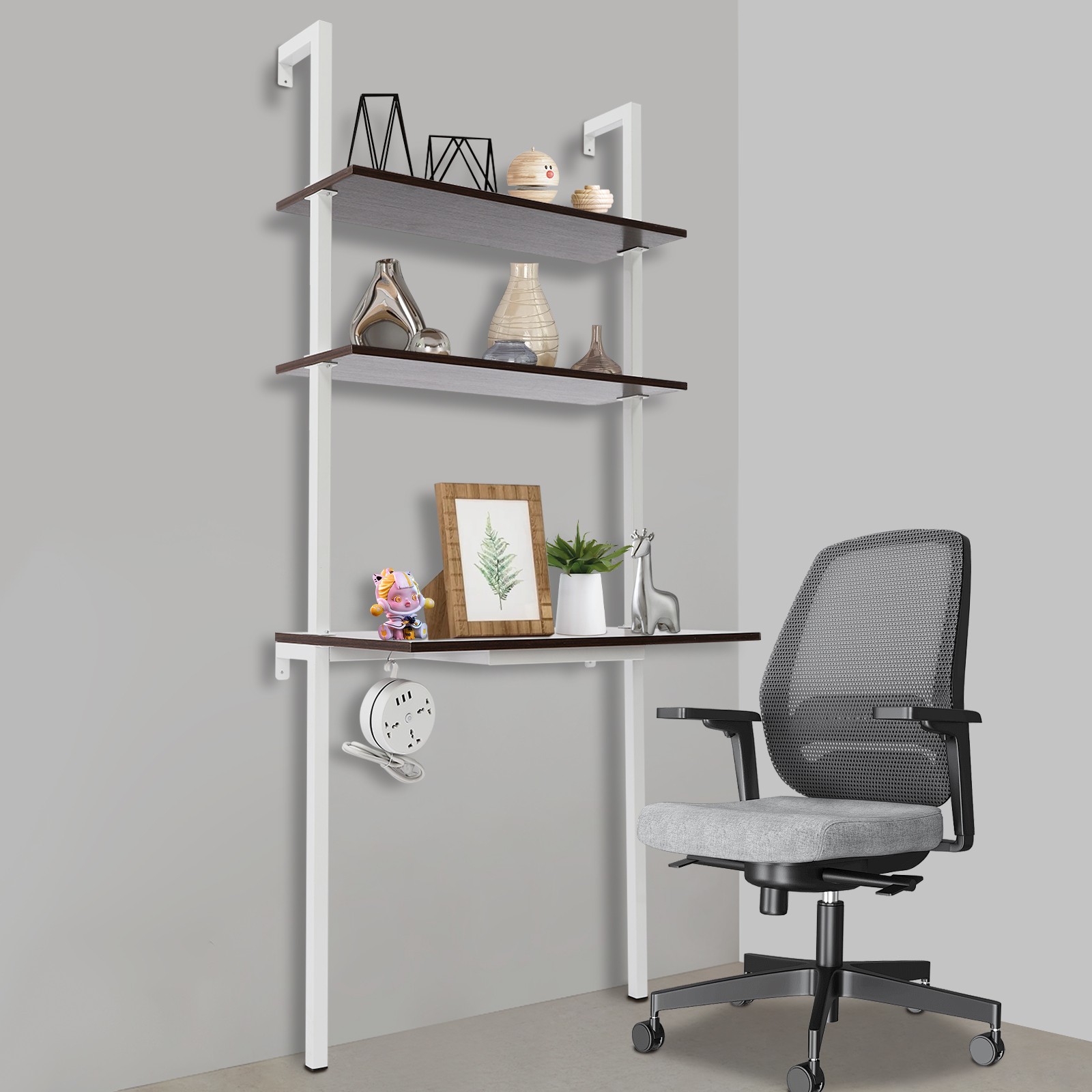3 Tiers Computer Desk Wall Mounted Storage Shelf 72.5" Work Table W/ Power Strip