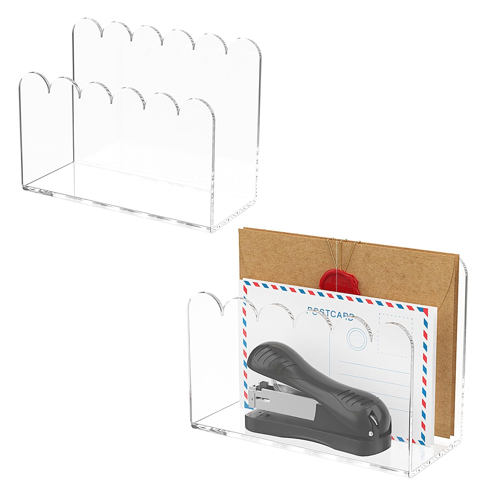 2 Pack 1-Slot Acrylic Mail Organizer for Desktop – Scalloped Clear Document S...