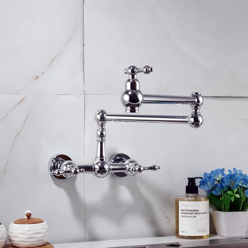 Wall Mount Solid Brass Pot Filler Faucet Folding Kitchen Faucet Hot+Cold Mixing