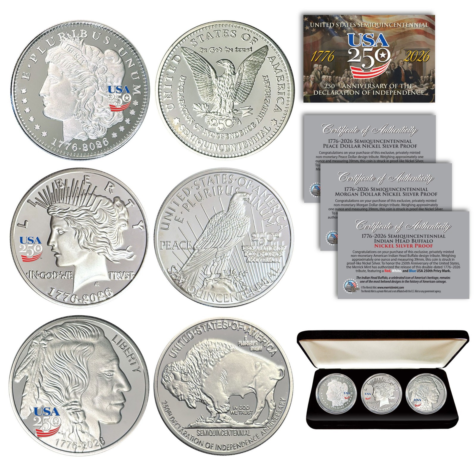 USA 250 PRIVY America 2026 MORGAN + PEACE + BUFFALO 1OZ Nickel-Silver 3-Coin BOX