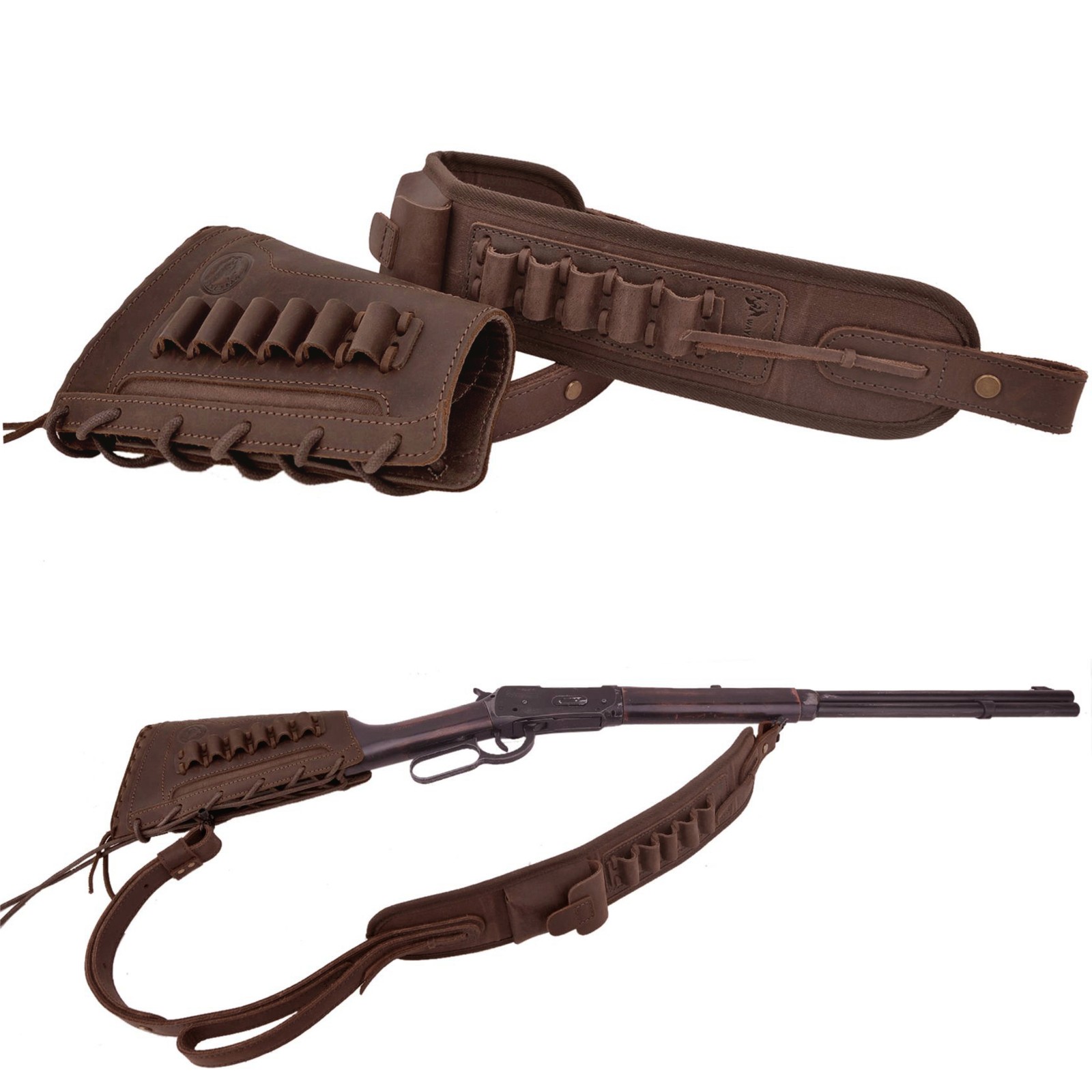 Leather Gun Buttstock Cover, Ammo Sling Hunting Set for .30-30.22LR 12GA.30-06