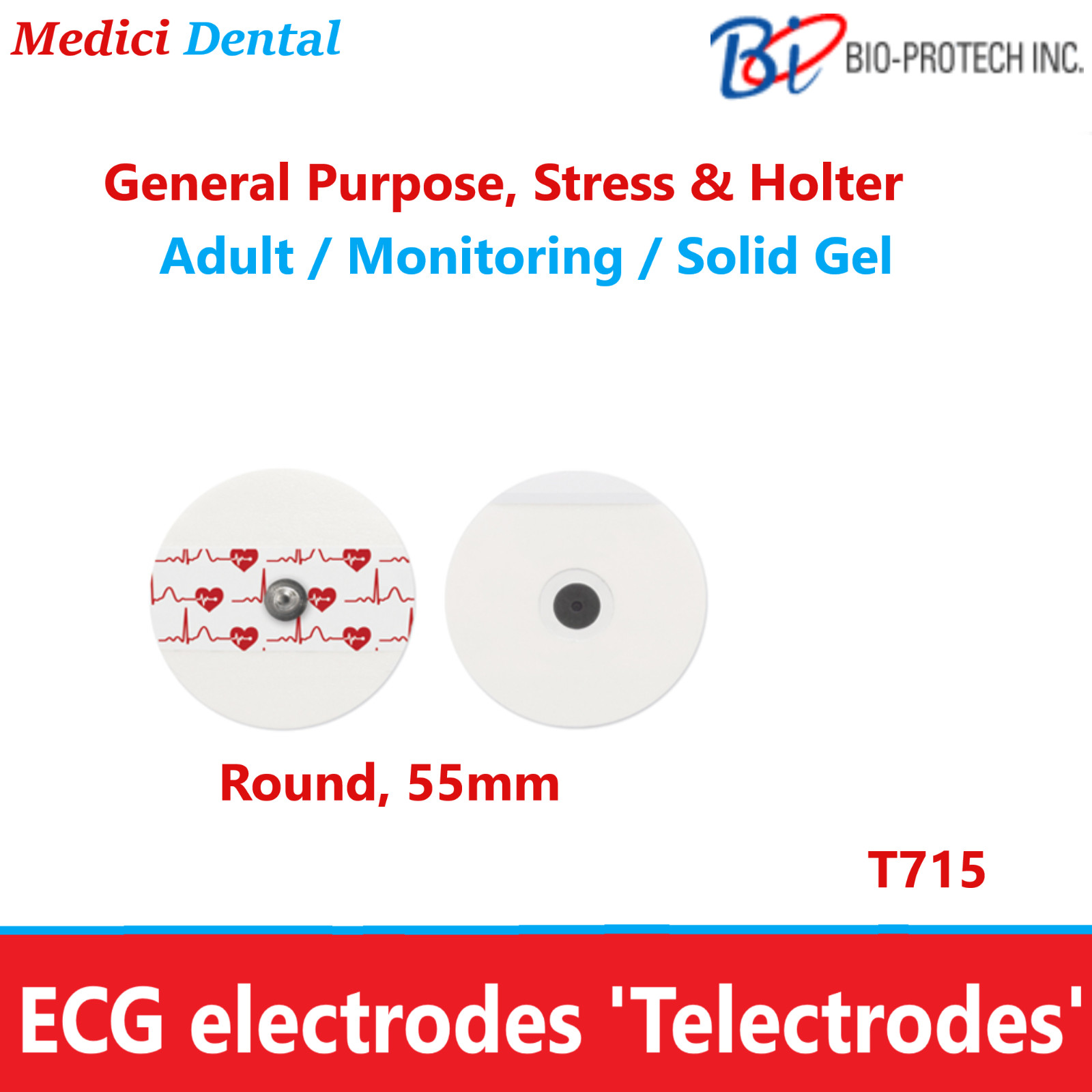 BIO PROTECH TELECTRODE ECG ELECTRODES PE Foam, Adult, Round, 55mm, 1000/Bx, T715