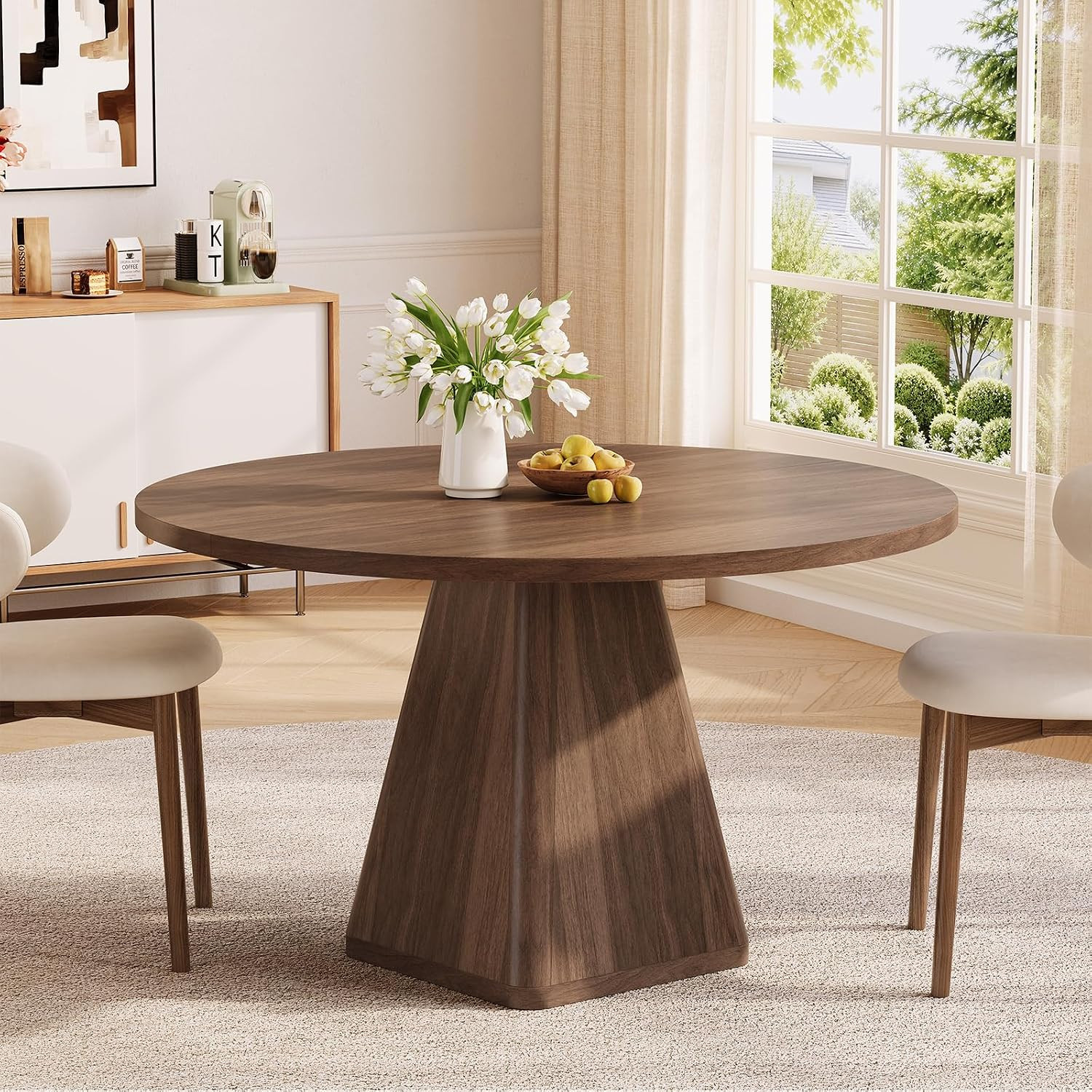 47 Inch round Dining Table for 4-6, Pedestal Kitchen Dinner Table Walnut | Circl