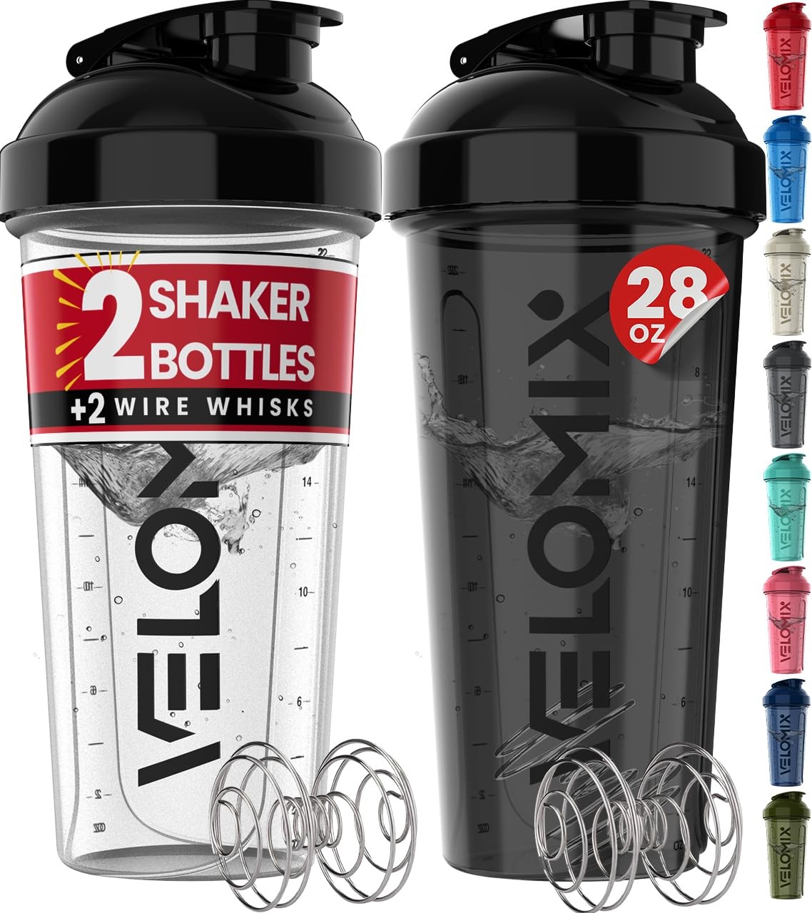 VELOMIX 2 Pack 28oz Protein Shaker Bottle for Protein Mixes, Black/Transpar | 2x