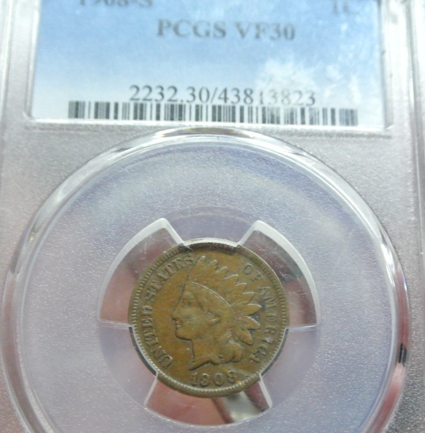 1908-s Indian Cent PCGS VF30 PQ key date