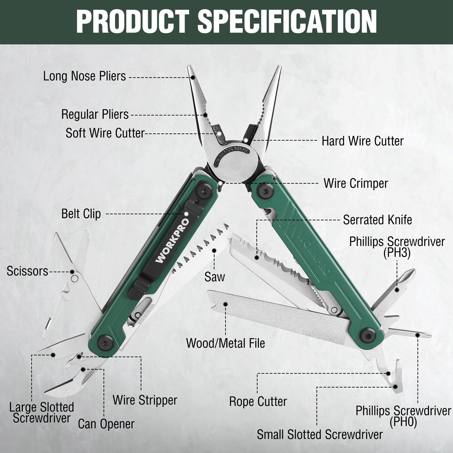 WORKPRO 18-in-1 Multitool Plier EDC Multi Tool w/ 2 Safety Lock Stainless Steel