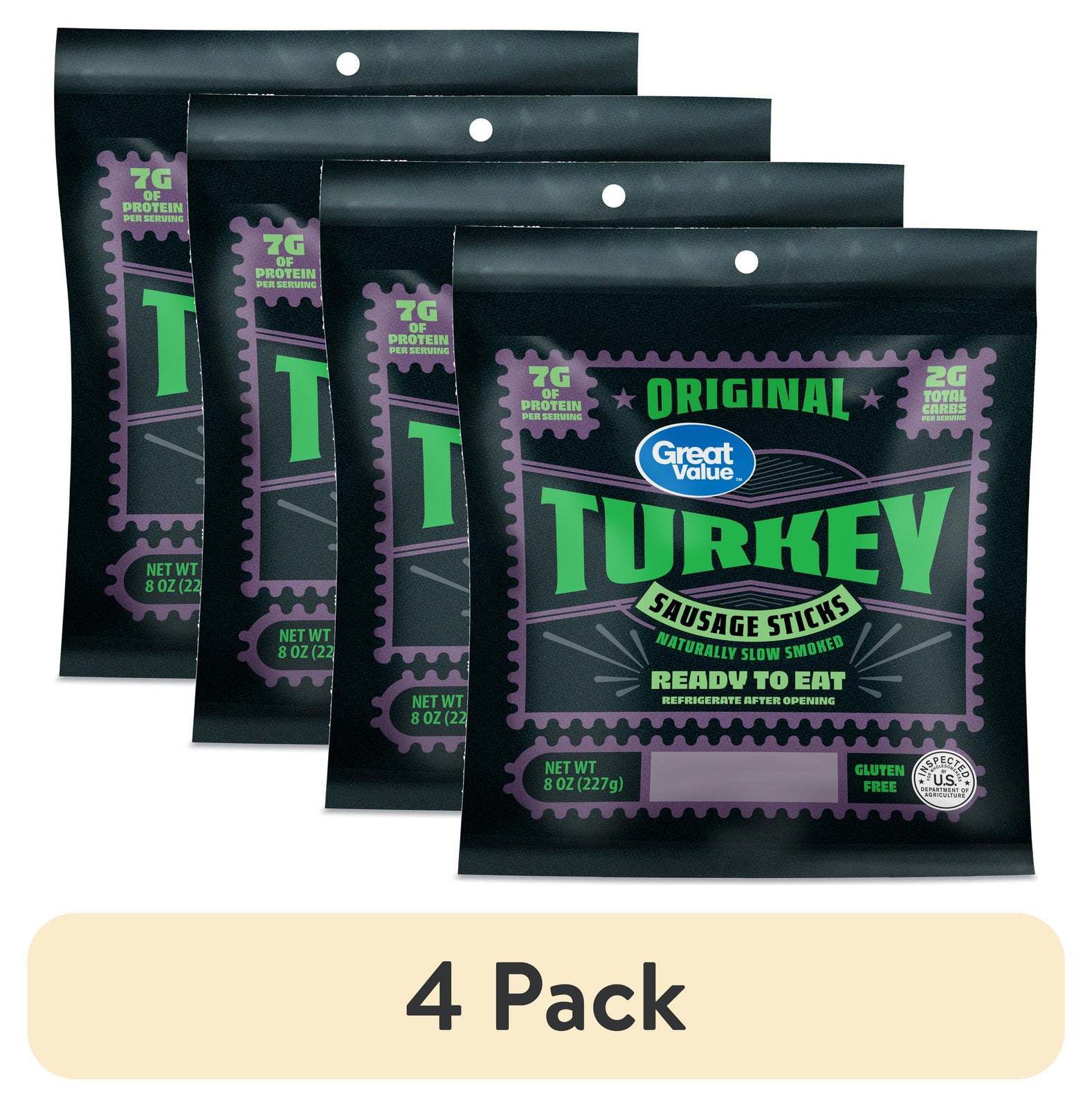 (4 pack) Great Value Original Turkey Sausage Sticks, Fully Cooked 8oz Resealable