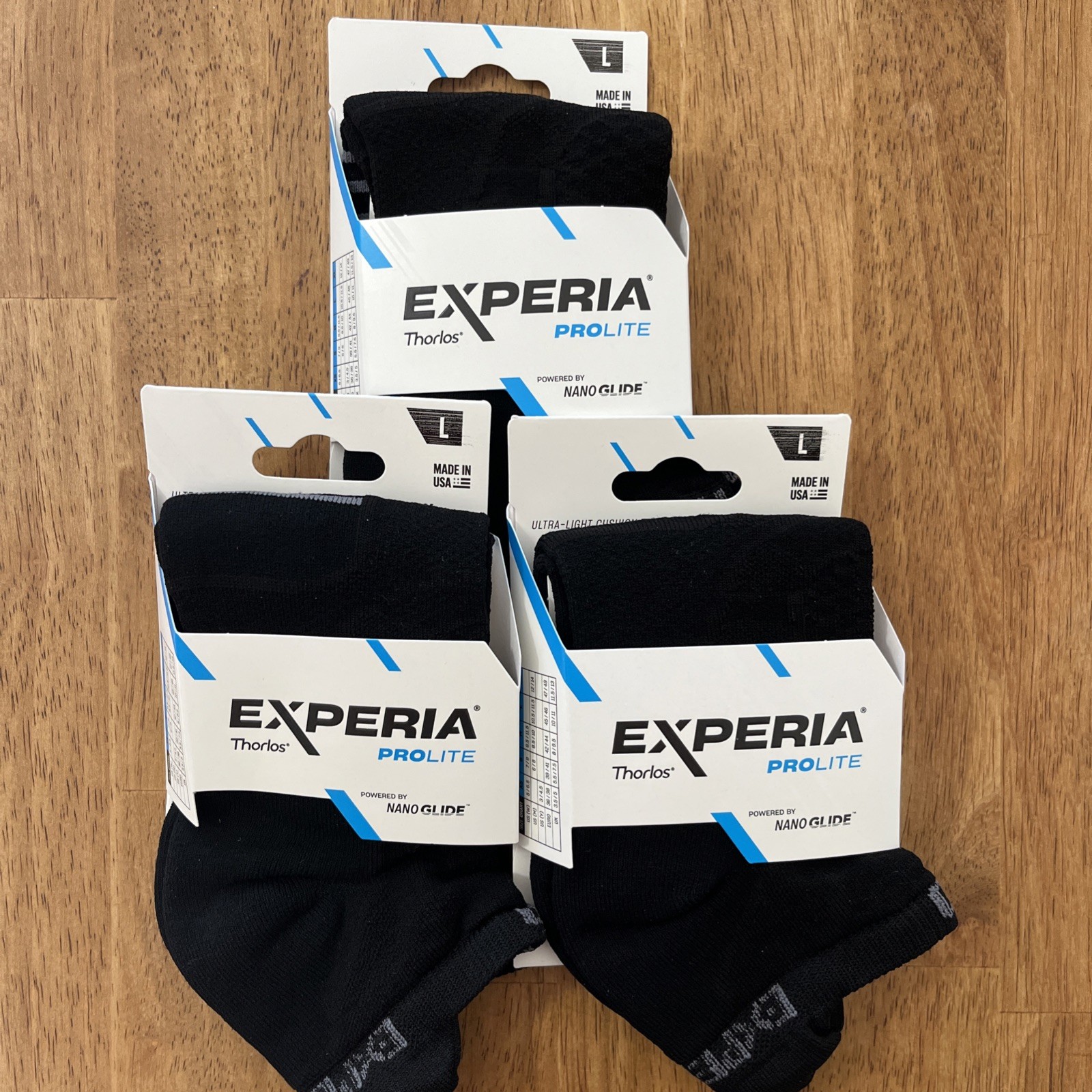 (3)NEW Thorlos Experia Socks BLACK ProLite Nano Glide Cushion Tab Back No Show L