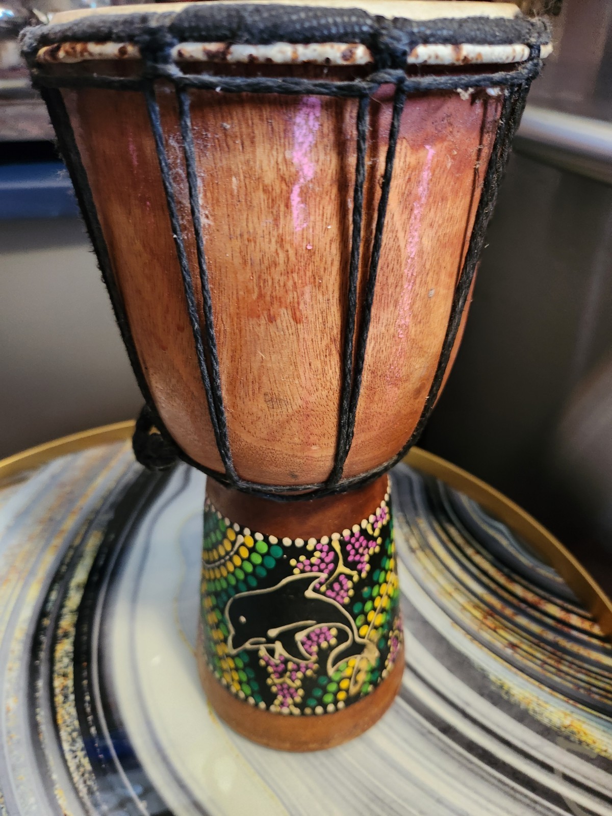 Wooden Djembe Drum 6” Drumhead & 12” High Hand Painted . vintage