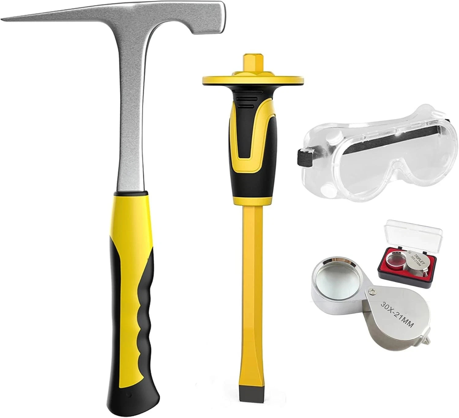 4Pcs Rock Pick Hammer Kit, 32Oz Hammer & Chisels with Loupe and Goggles