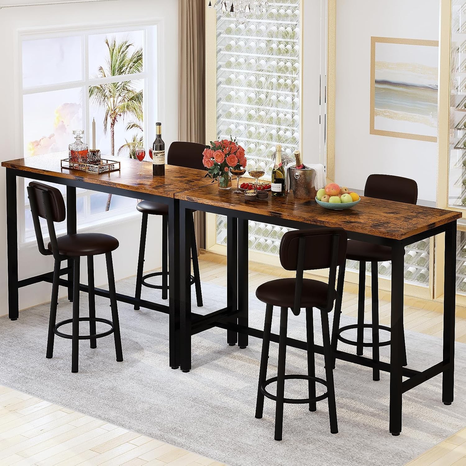 Industrial Pub Height Table with 2 PU Upholstered Stools,3-Piece Kitchen Table