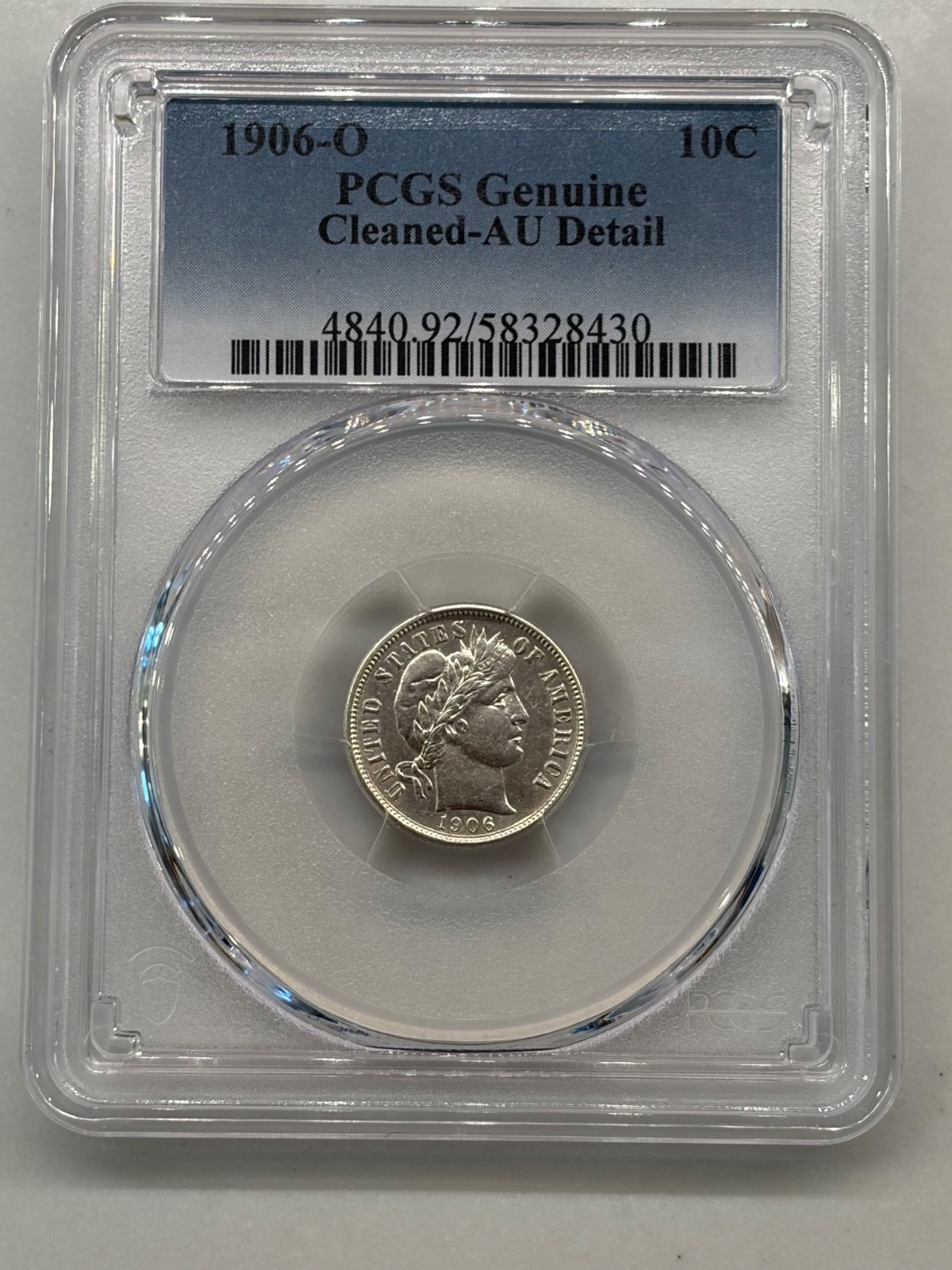 1906-O Barber Dime--PCGS Graded AU Detail--Cleaned