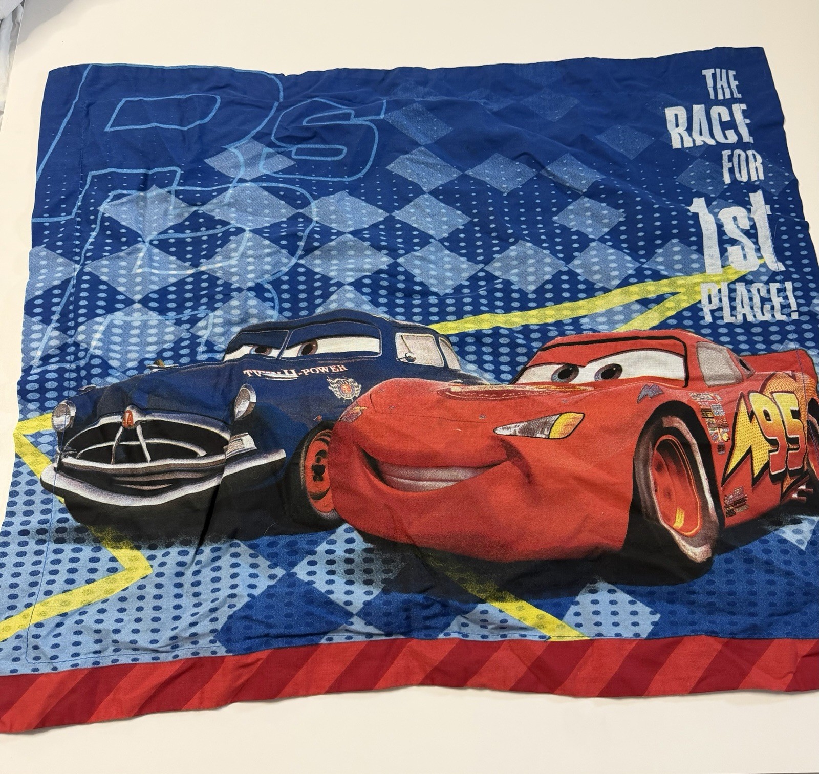 disney cars pillow case The Race For First Place Quote Blue Standard Kids Room