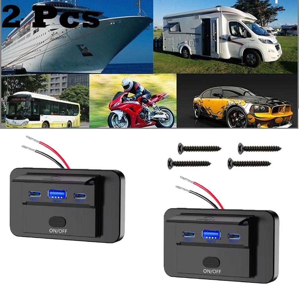 12V Dual USB QC3.0&PD Port Car Fast Charger Socket Power Outlet On-Off Switch 2X
