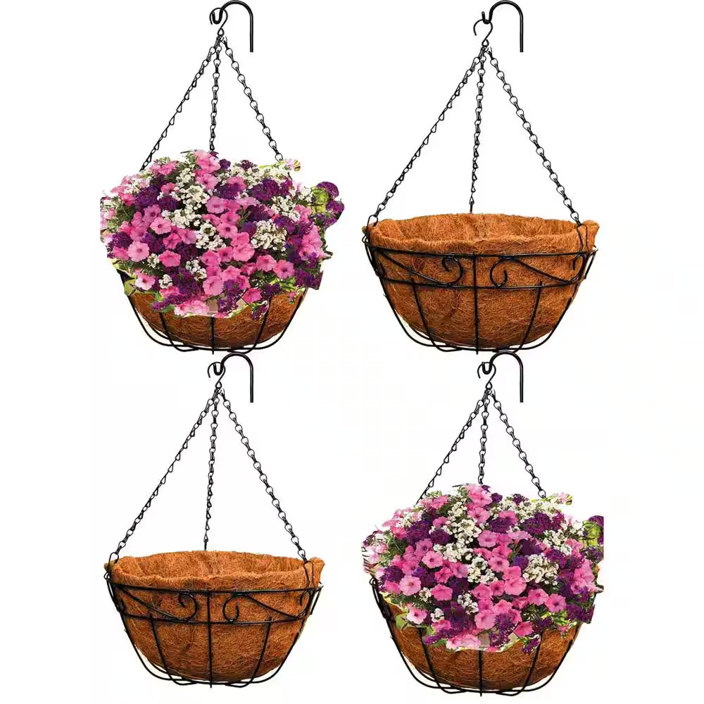 Large 14 In. Dia Black Metal Hanging Basket with Coco Liner (4-Pack)