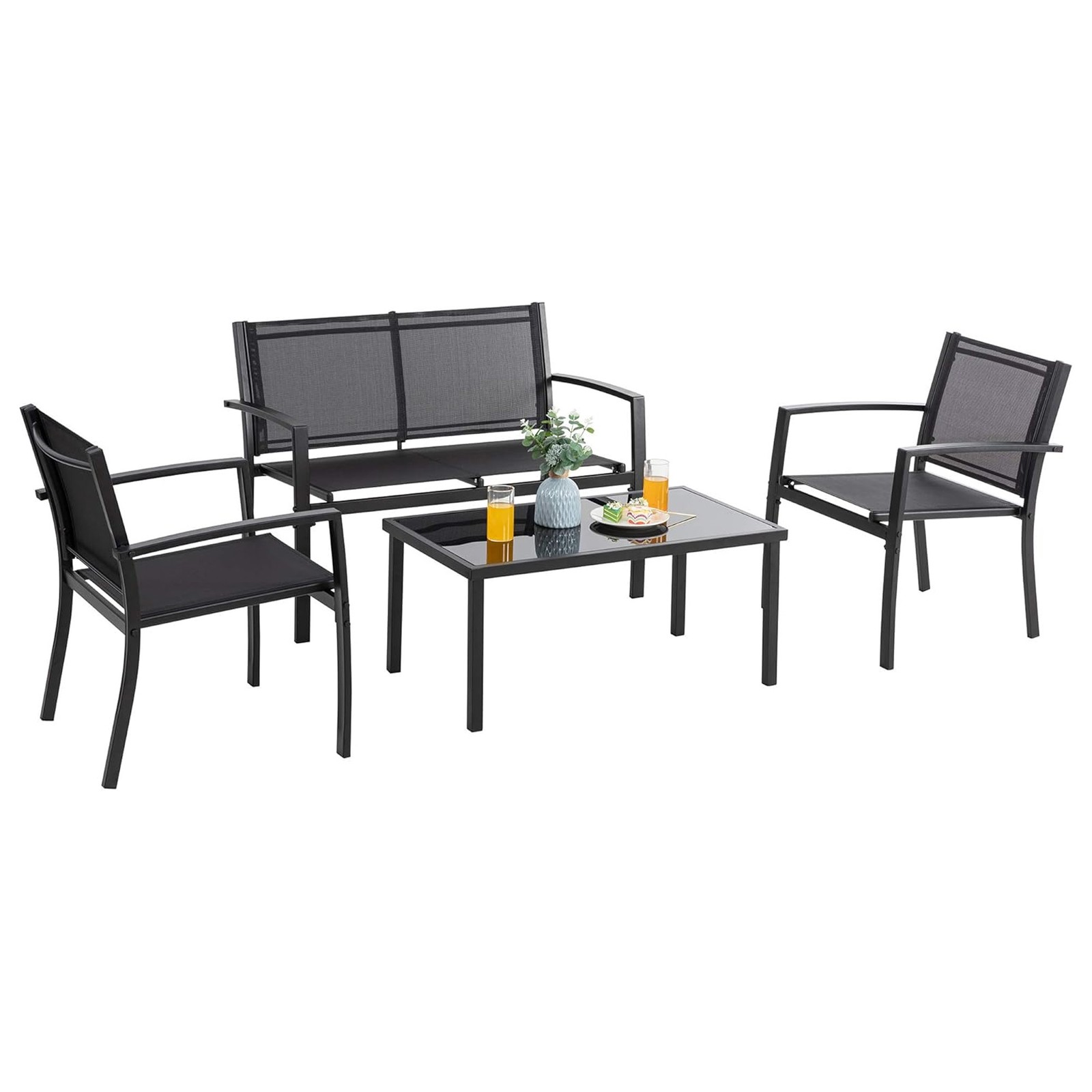 Vongrasig 4pc Patio Furniture Set, Outdoor Chairs & Loveseat Table, Black (Used)