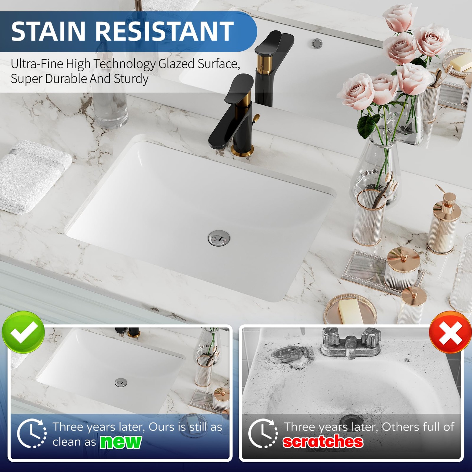 Hugsleek 18x13 Undermount Bathroom Sink White Ceramic Rectangle Basin