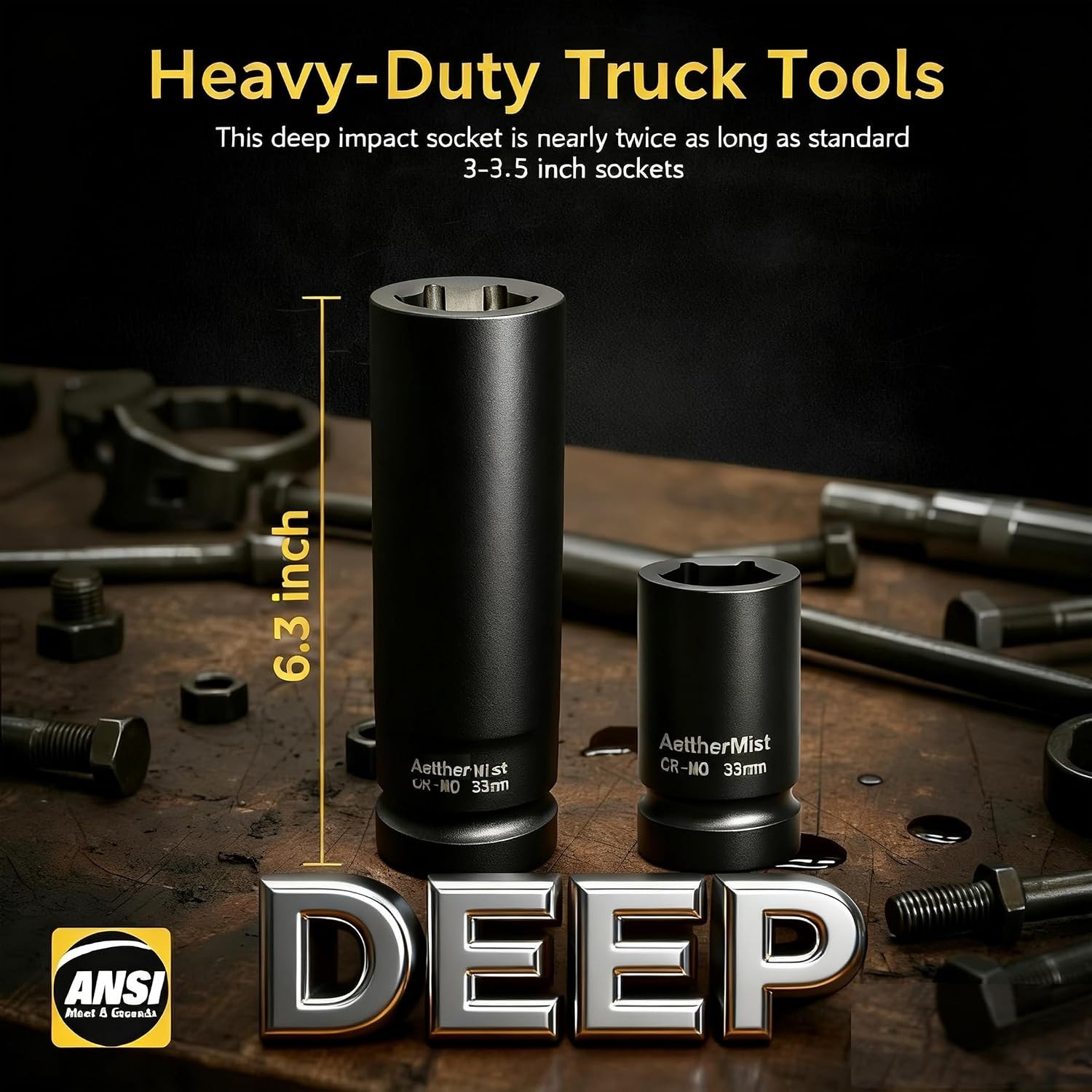 1 Inch Driver 33mm Extra Deep Impact Socket, 6.3 inch Length Deep Axle Nut So...