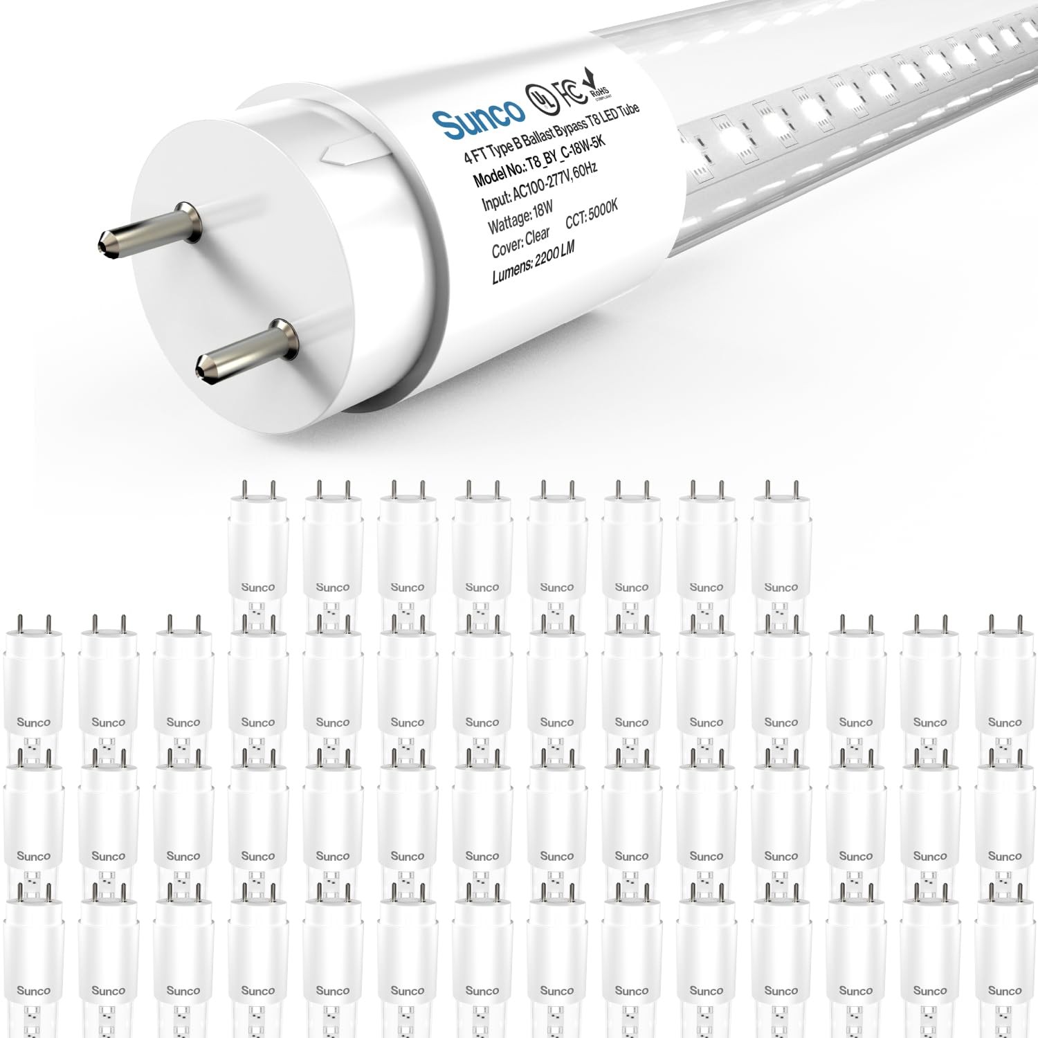 Sunco Lighting 50 Pack T8 LED 4FT Tube Light Bulbs Ballast Bypass , DLC 50 Pack