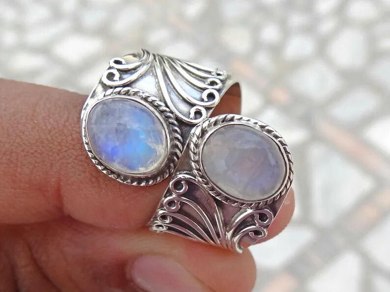 Moonstone 925 Sterling Silver Band& Statement Ring Handmade Ring All Size-q-38