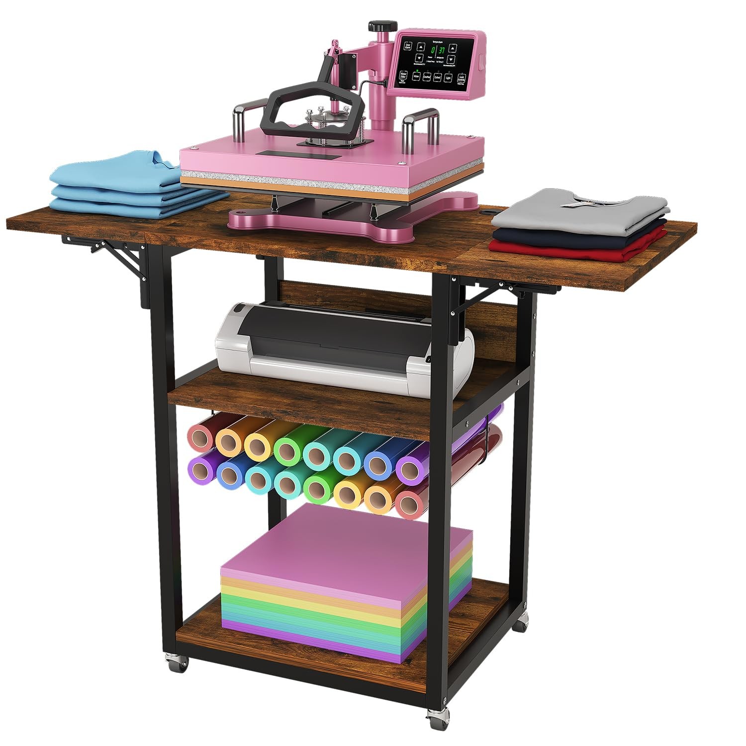Foldable Heat Press Cart with Charging Station, 3 Tier Movable Heat Press Sta...