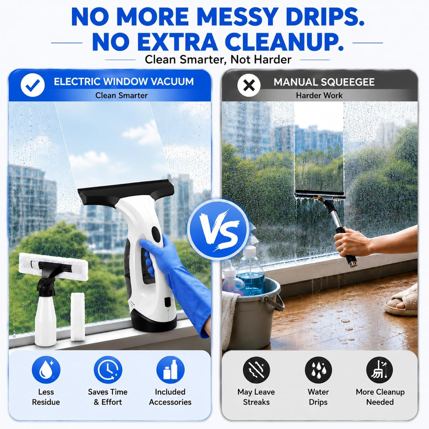 Window Vacuum Squeegee Cordless, Electric Window Cleaner Squeegee with 2000Pa Su