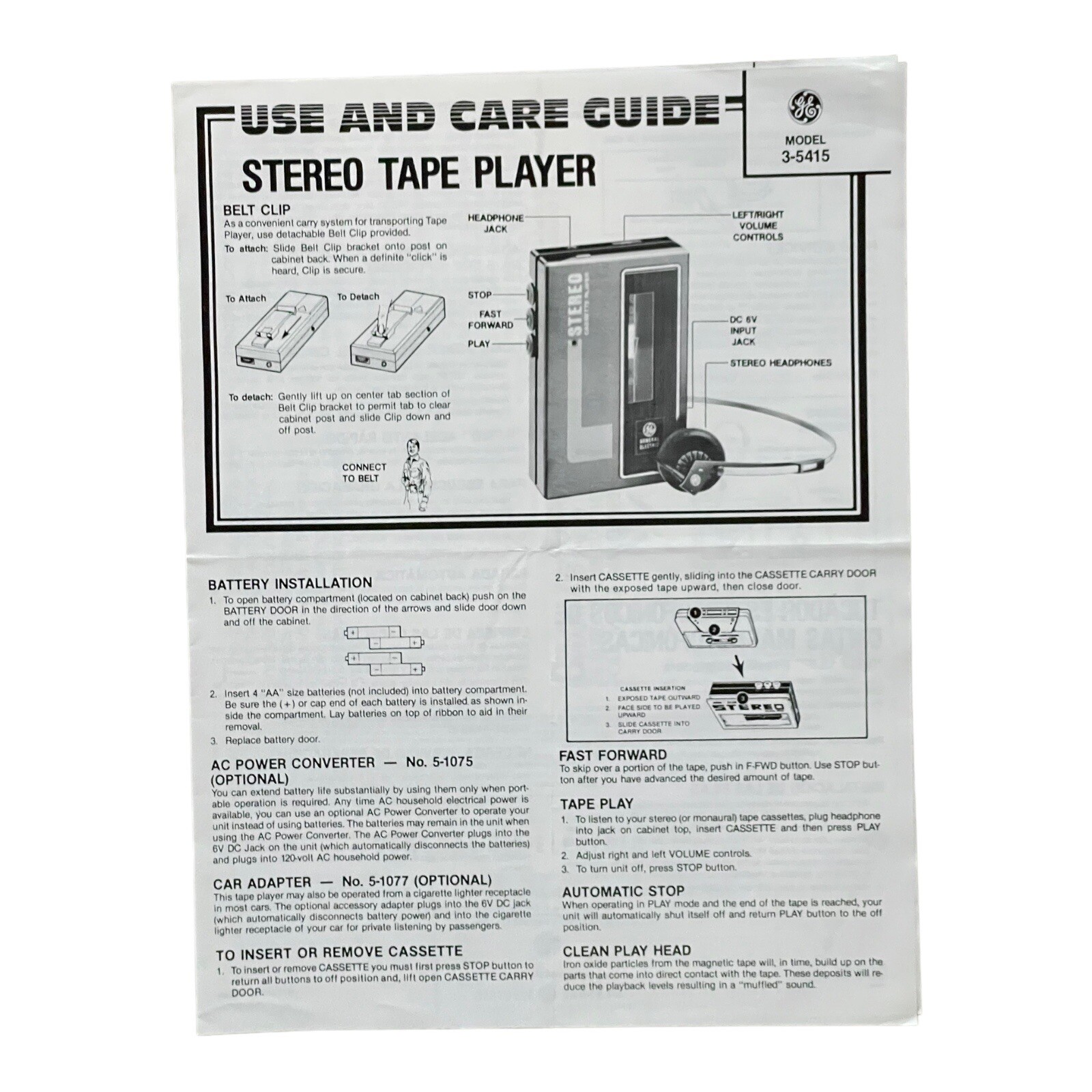 GE Model 3-5415 Stereo Portable Tape Player Instructions Care Use Guide Manual