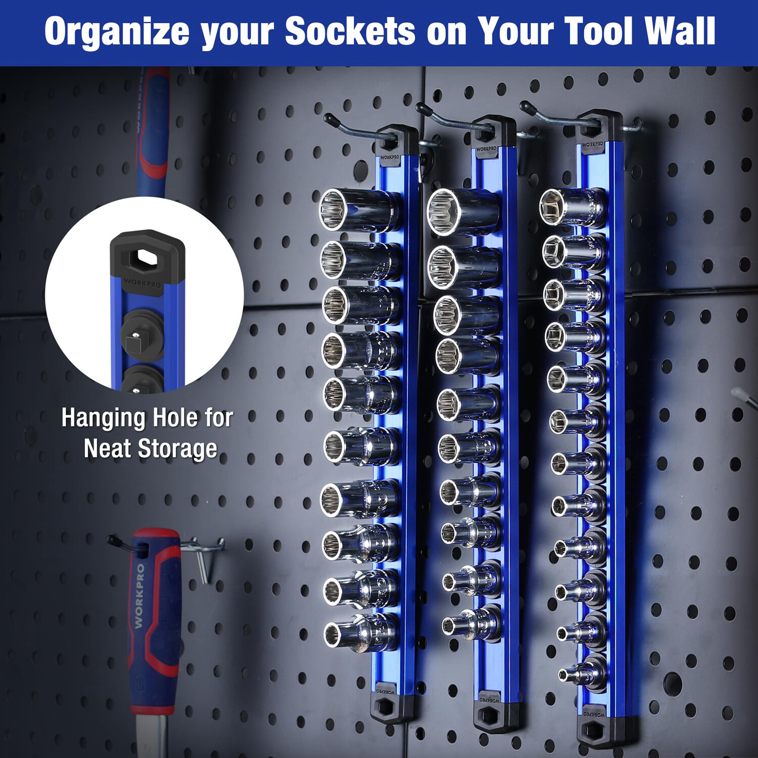WORKPRO 3/8 Drive Magnetic Socket Organizer Socket Rail Heavy Duty Socket Holder