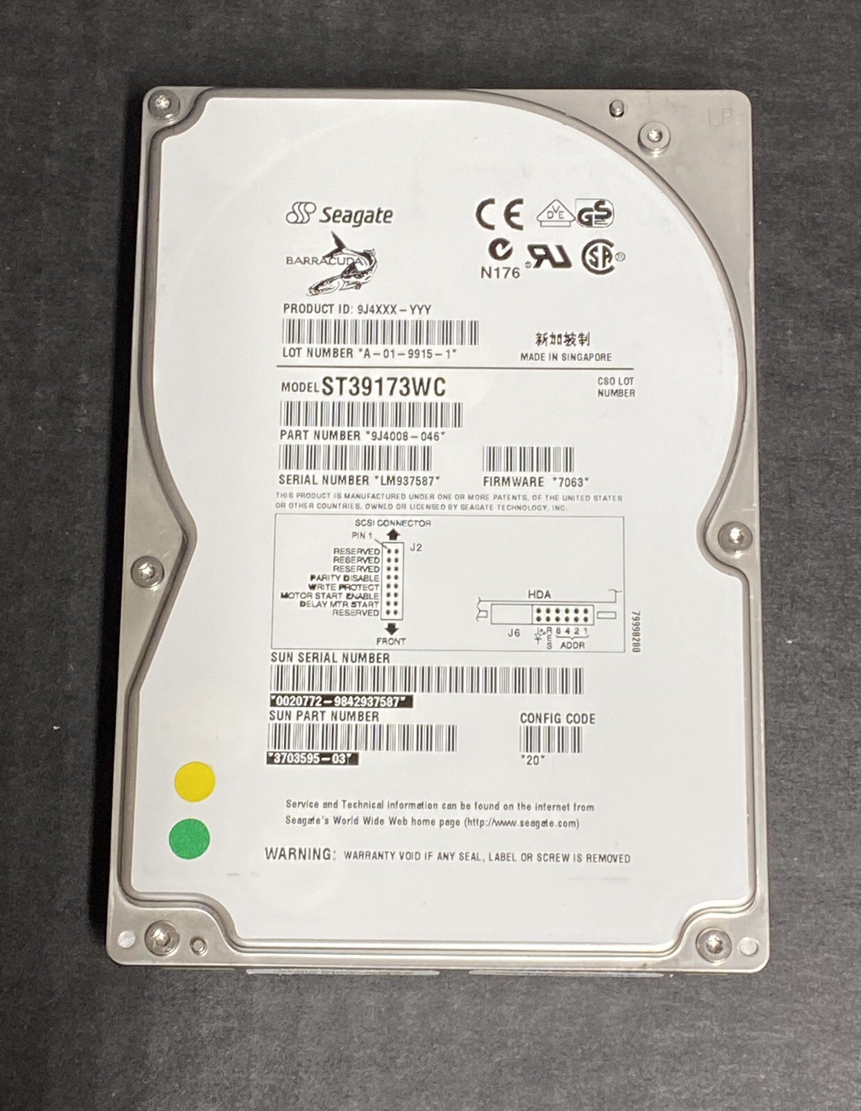 SUN 370-3595 9.1GB 7200 RPM 80-pin SCA SCSI HDD, Seagate ST39173WC, 9J4008-045