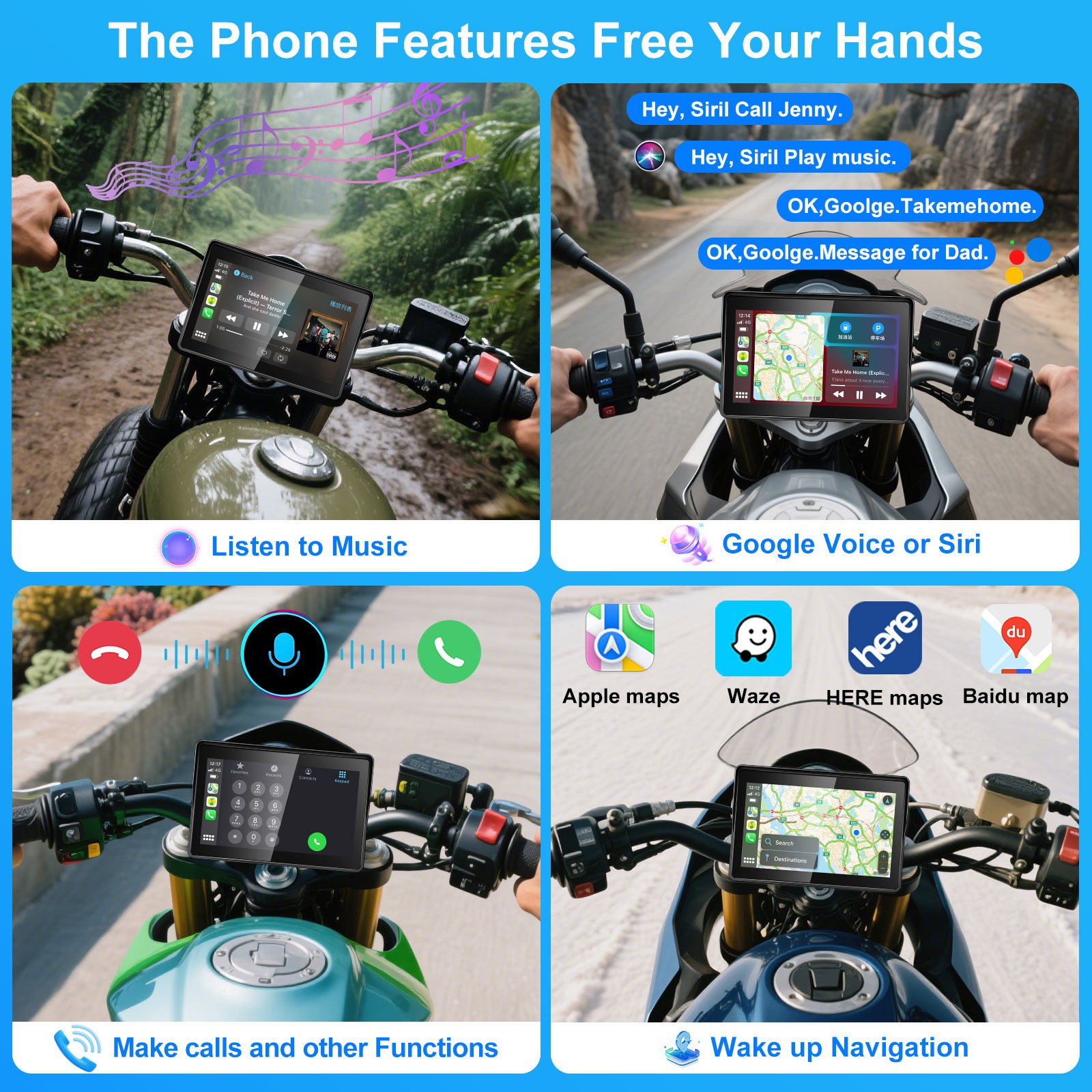 5" Waterproof Motorcycle Navigator Portable Wireless CarPlay Android Auto Screen