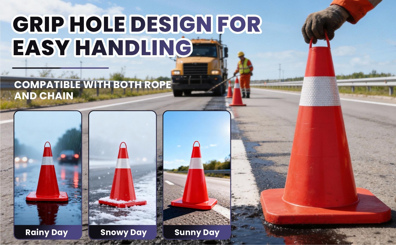 18in 20Pcs Traffic Safety Cone w/ Handle Stackable Design Road Cones w/Collar