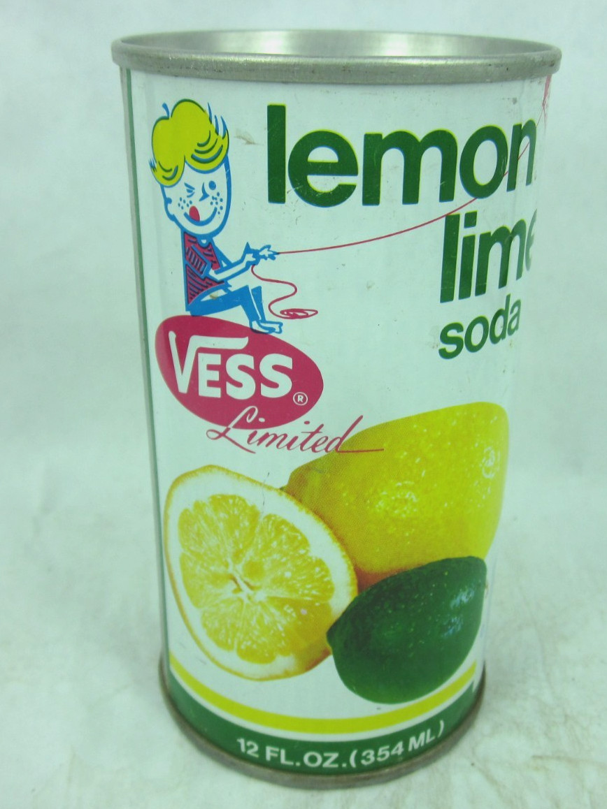 VESS LEMON LIME SODA boy flying kite straight steel soda pop can clean shiny