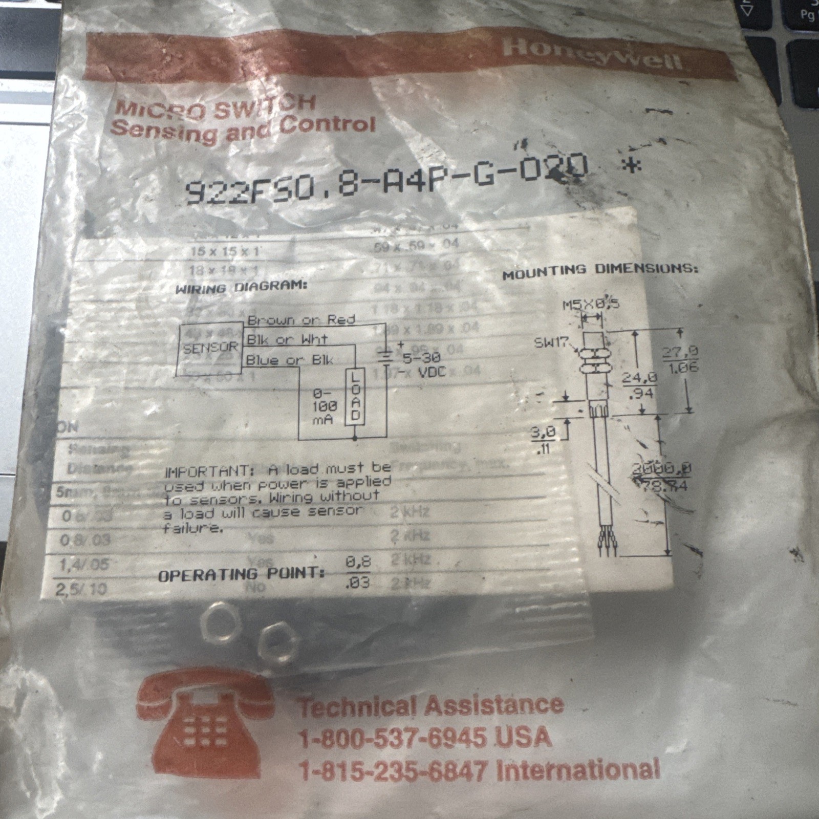 New HONEYWELL 922FS0,8-A4P-G-020, Inductive proximity Sensor Fast Free Shipping