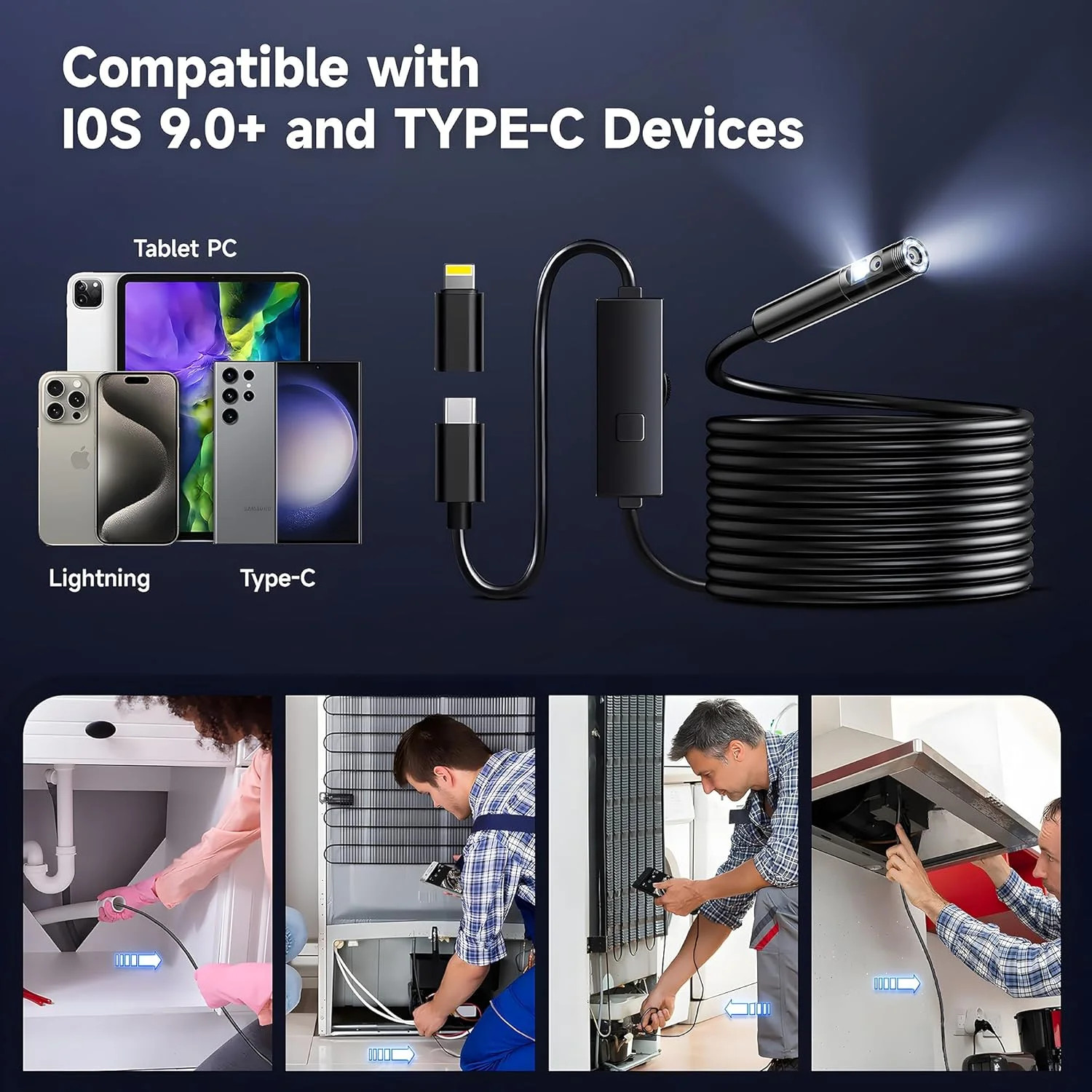 [Dual-Lens] Endoscope Camera with Light, 1920P HD Borescope with 8+1 Adjustable