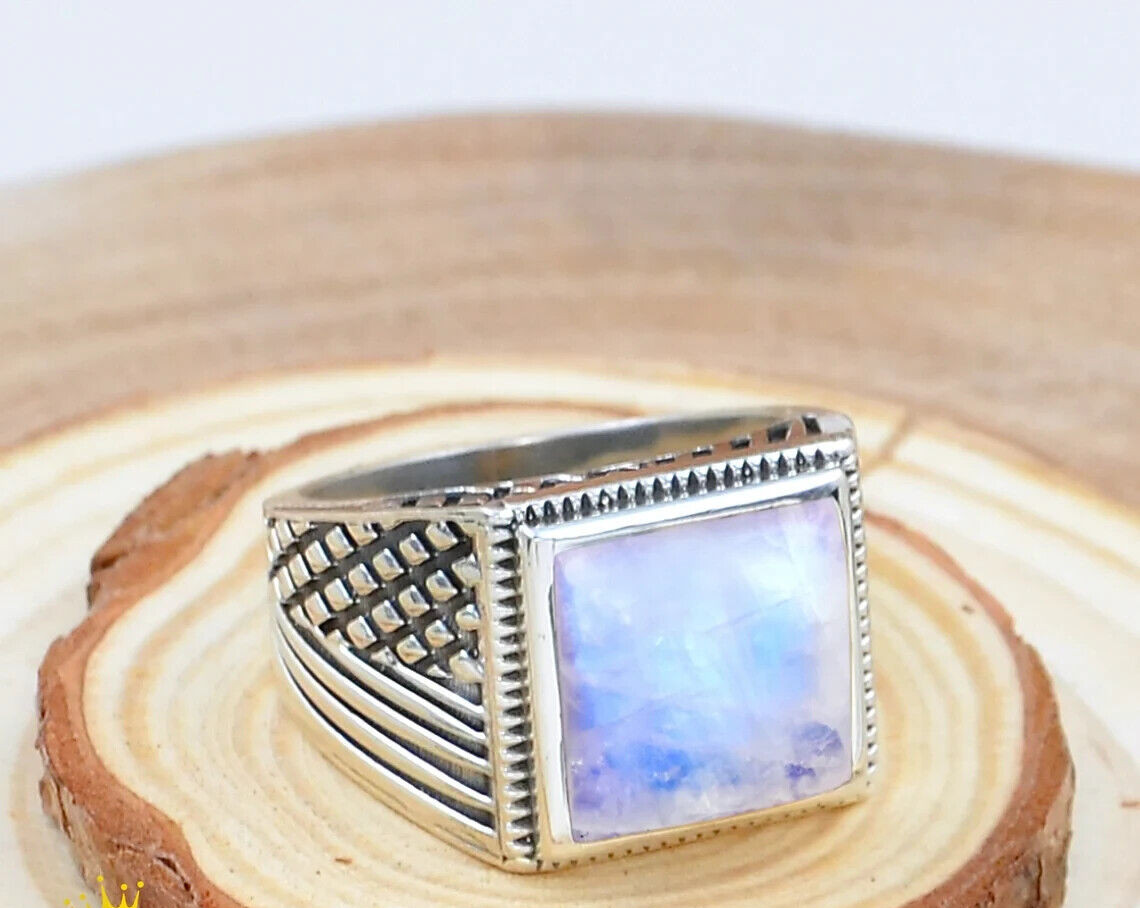 Handmade Silver Men's Ring with Rainbow Moonstone- Designer 925 Silver Band Gift