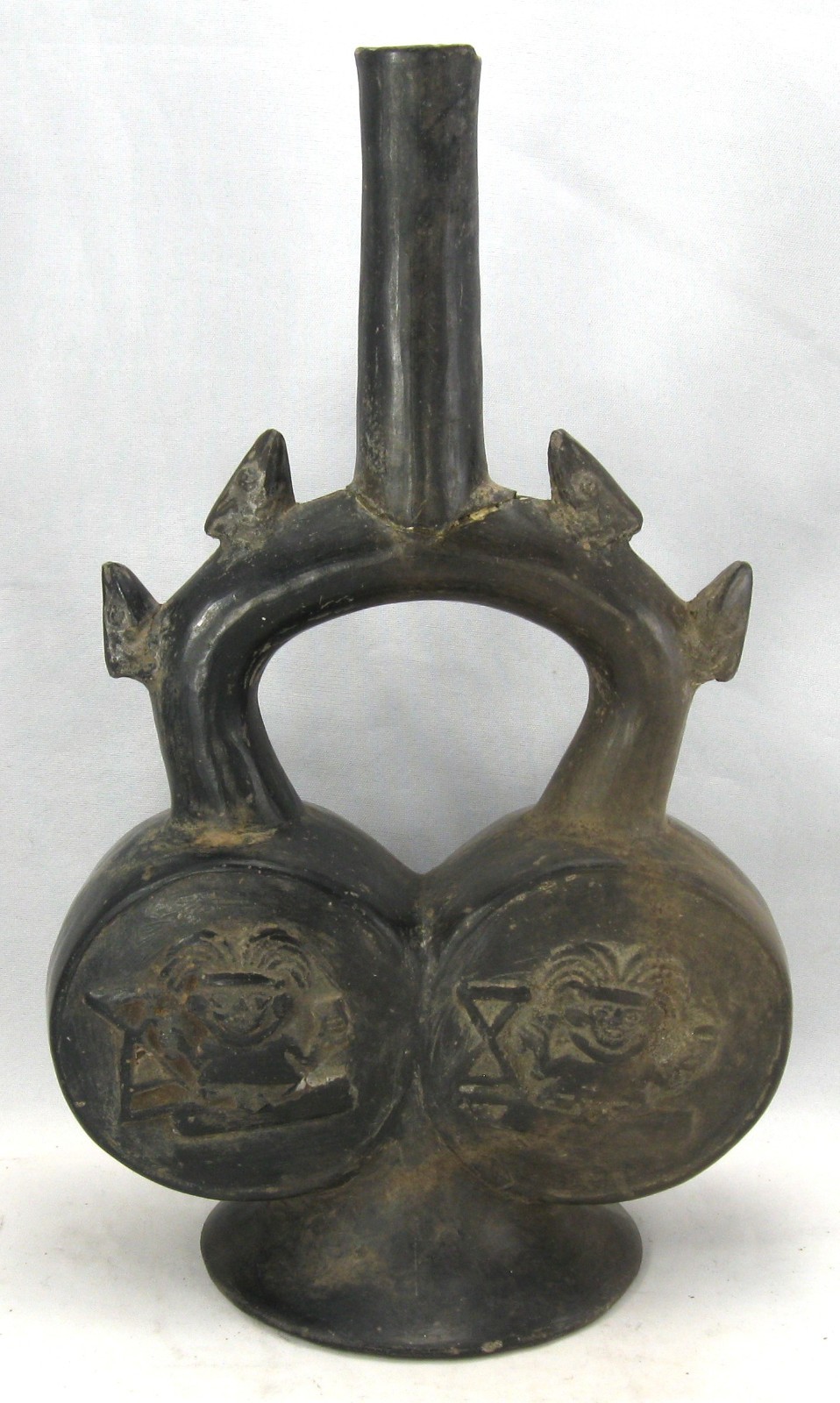 Chimu Blackware Stirrup Bottle with Double Chamber, Inca Influence, Frogs