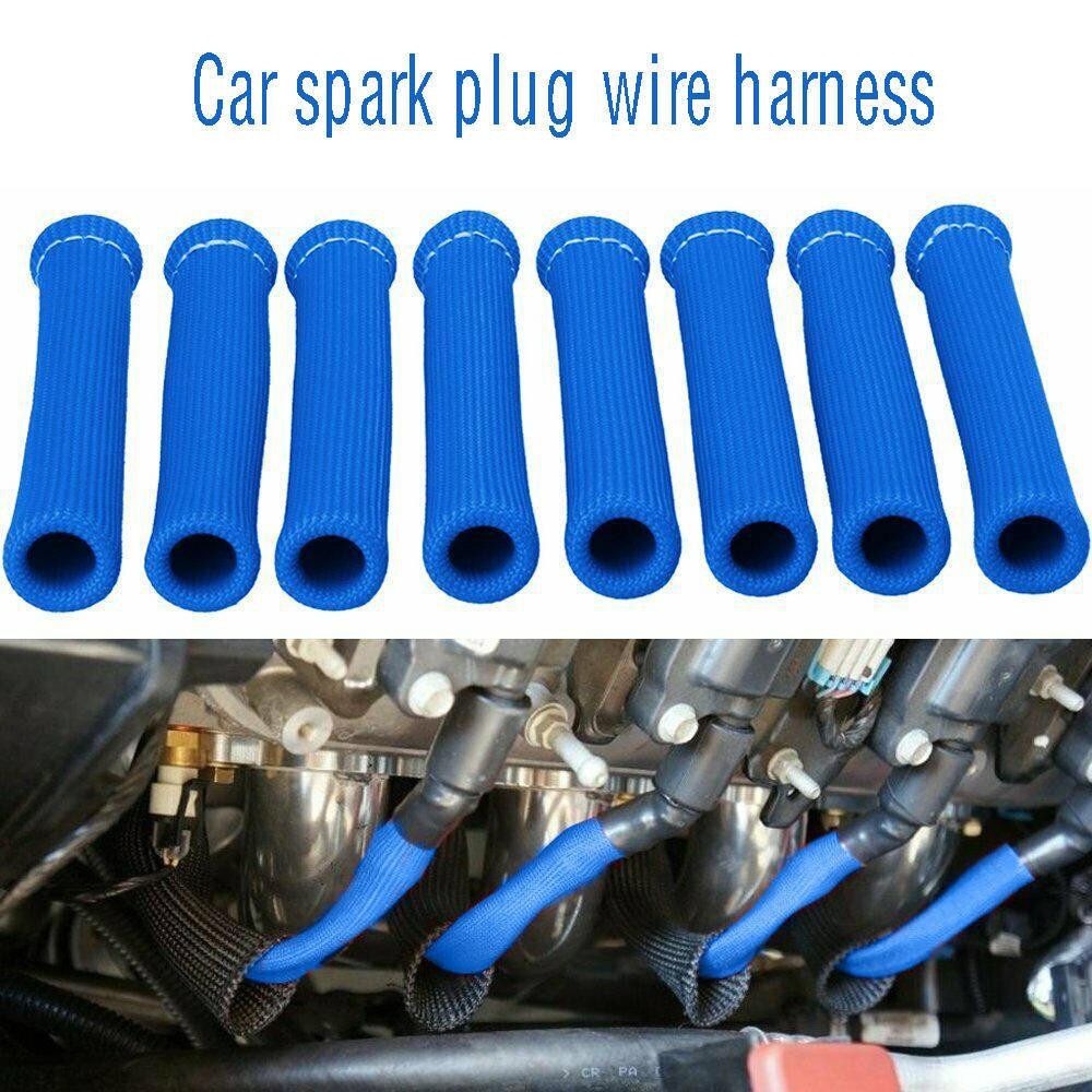 8PCS Blue 1200° SPARK PLUG WIRE BOOTS HEAT SHIELD PROTECTOR SLEEVE for SBC BBC[
