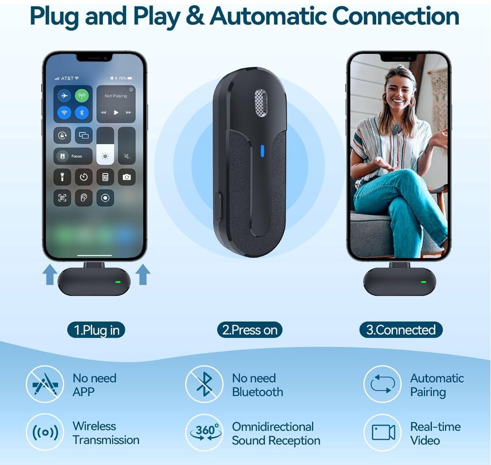 2PK Wireless Lavalier Microphone, Clip for iPhone w/600mAh Charging Case