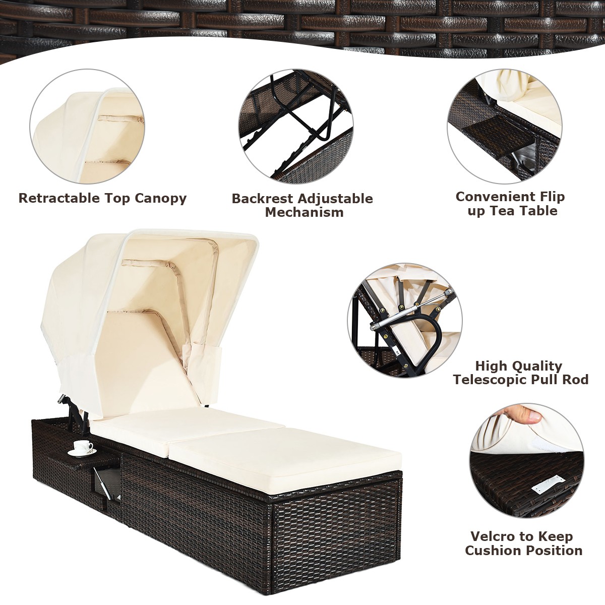 Costway 2 PCSPatio Rattan Lounge Chair Chaise Cushioned TopAdjustable w/Table