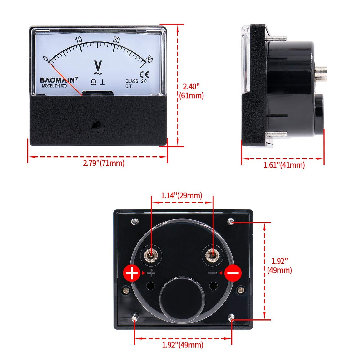 Baomain Voltmeter DH-670 AC 0-30V Rectangular Class 2.5 Analog Panel Volt Vol...