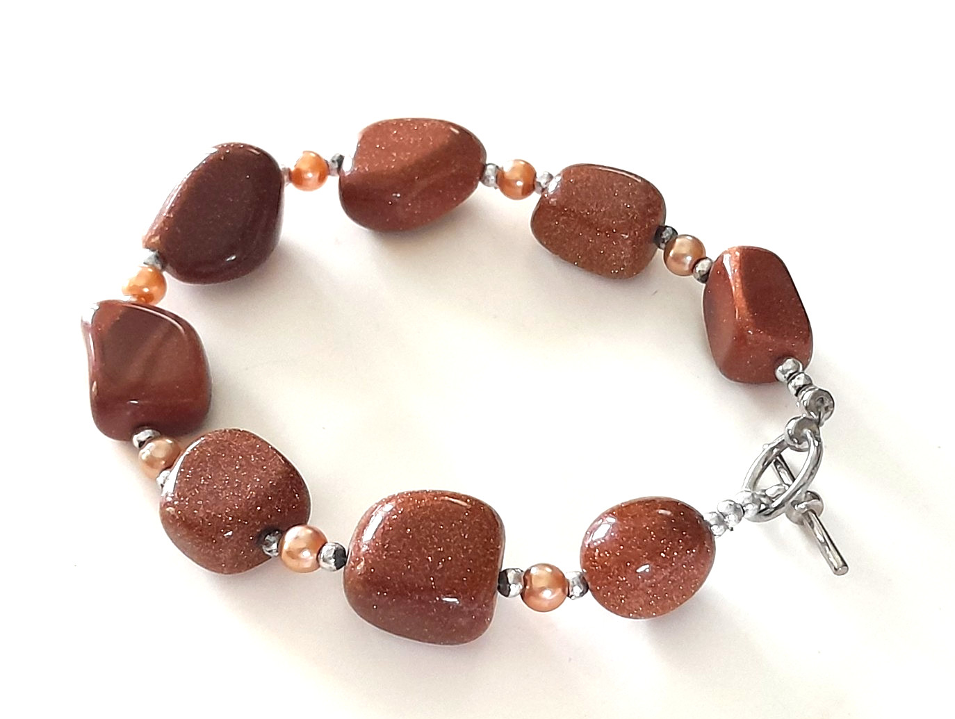 Genuine Goldstone Artisan Handmade Silver Tone Chain Bracelet 7.5" Beautiful