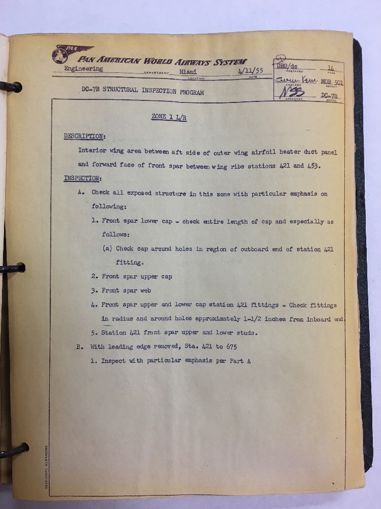 Douglas DC7B Original Structural Inspection Program Pan American World Airways