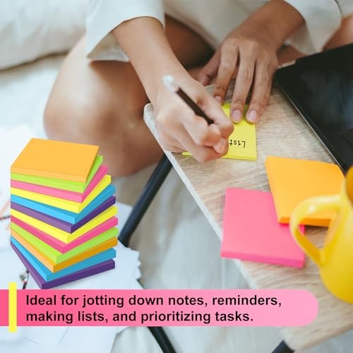 Sticky Notes - 12 Pads, 3”x3” - Colorful Self-Stick Post Notes Bulk - Square