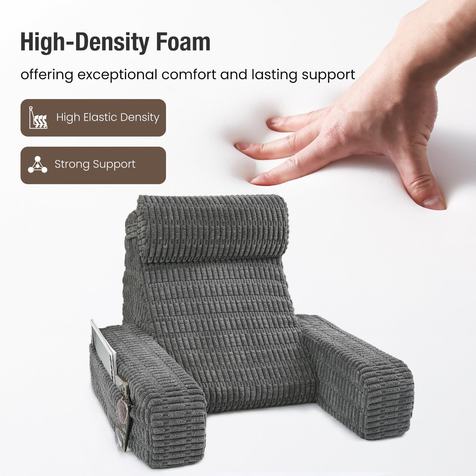 19" Reading Pillow for Bed with Built-in Arms & Large Pockets, Supportive Bac...