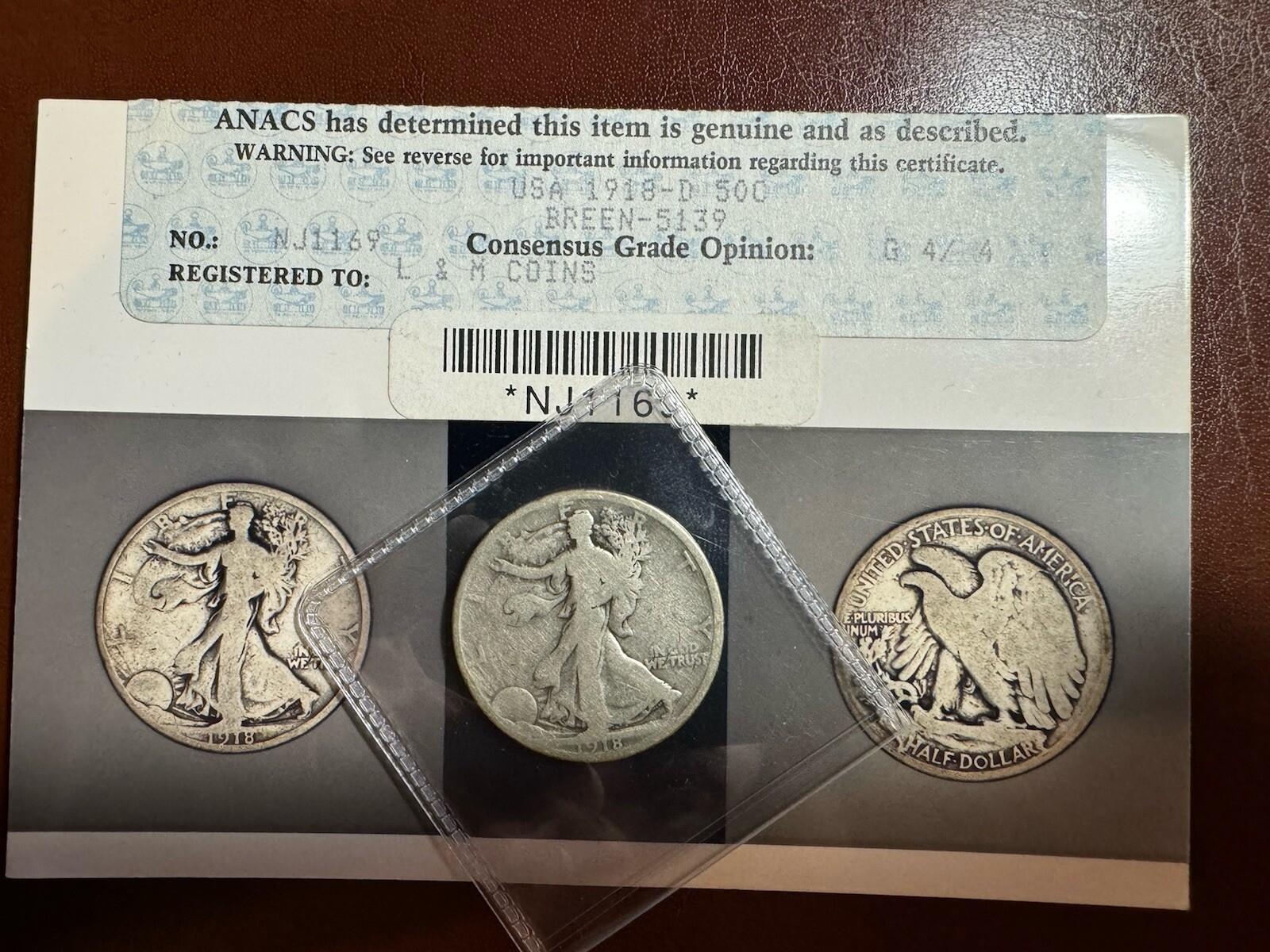 1918 D Walking Liberty Half Dollar Breen -5149 (No AW) Old ANACS Photo Grade G4