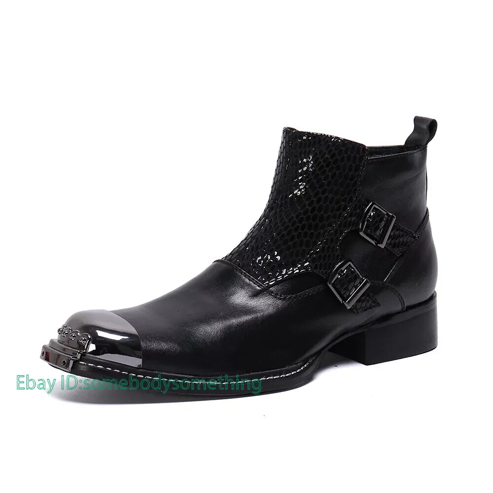 Men's British Real Leather Western Cowboy Ankle Boots Pointed Metal Toe Shoes