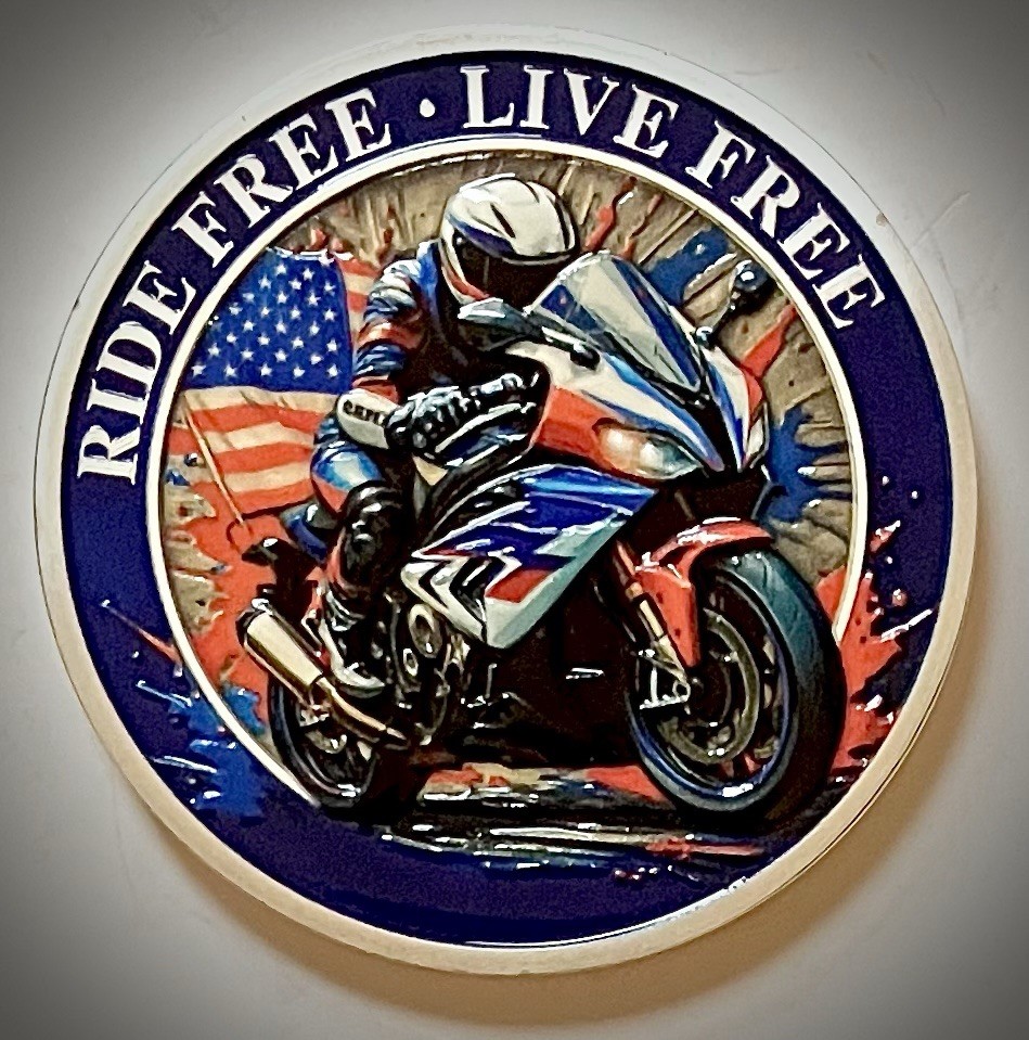 Motorcycle Challenge Coin-Silver Colored-Street Bike-3D-Flag-Freedom On The Road