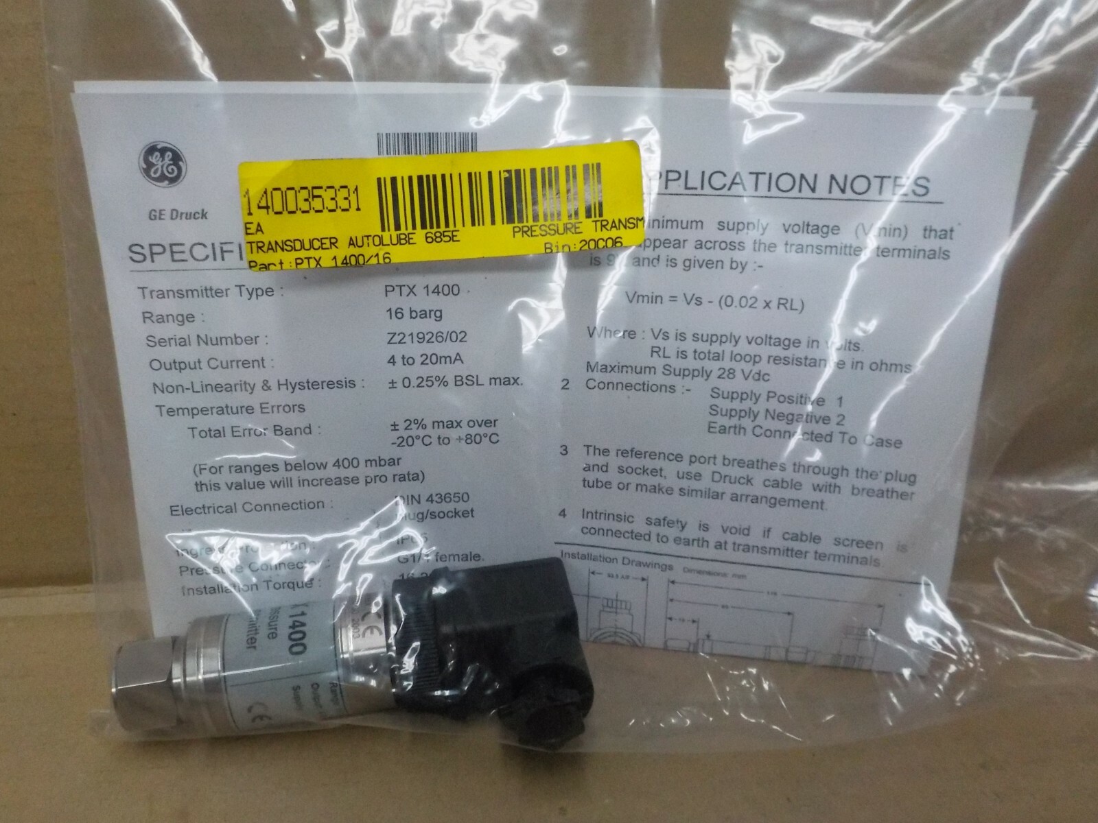 GE Druck PTX1400 Pressure Transmitter Sensor PTX 1400  16 Bar,