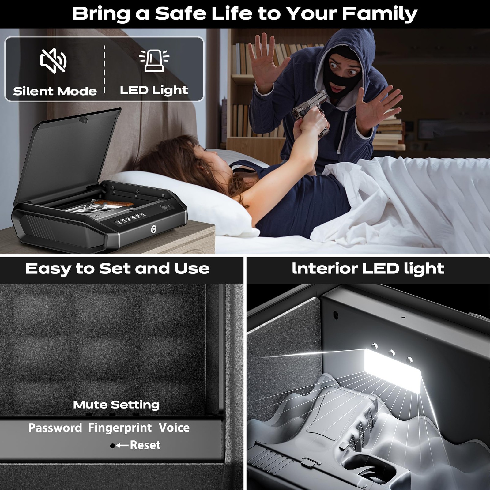Handgun Safe with LCD Display Quick Access for 2-4 Pistols Fingerprint Keypad