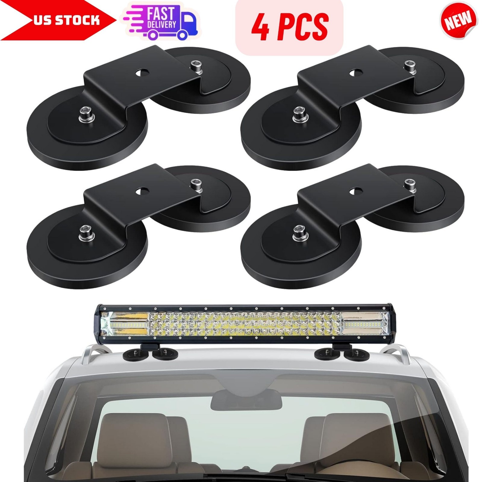 4Pcs Magnetic Mount Holder w/ Rubber Pad for SUV Truck Lamp Roof Bar Fog Light